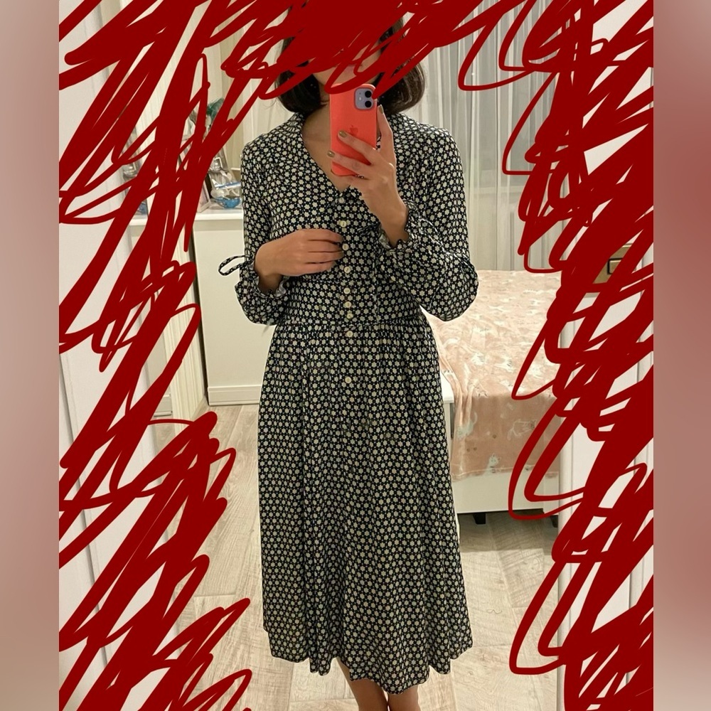 Navy Blue and Cream Patterned Dress - Size S